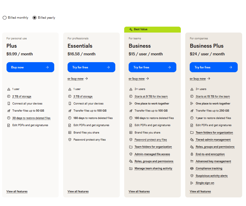 Dropbox pricing plans