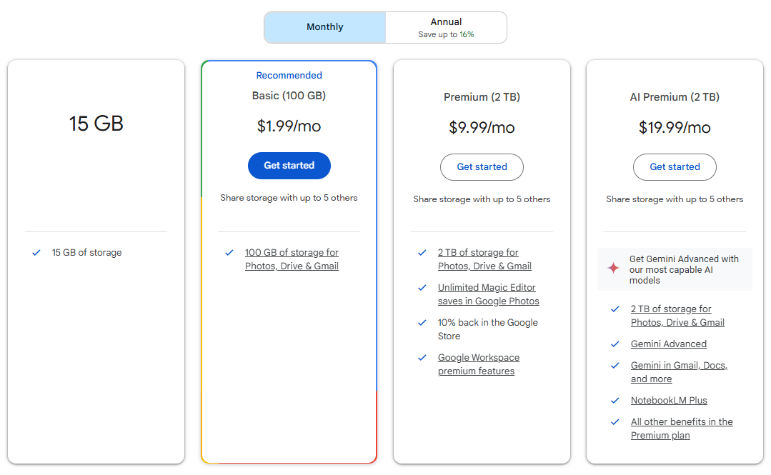 Google Drive pricing plans