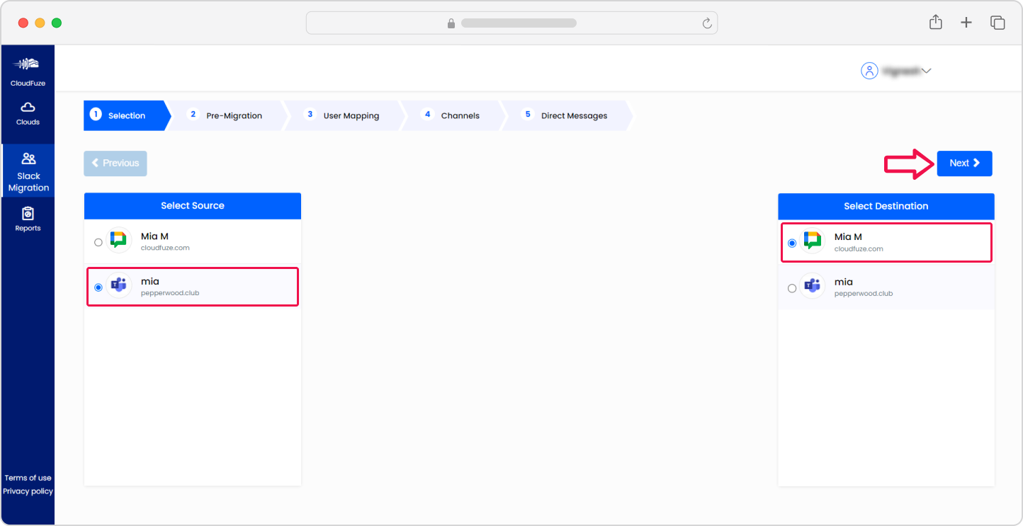 Source and destination cloud selection