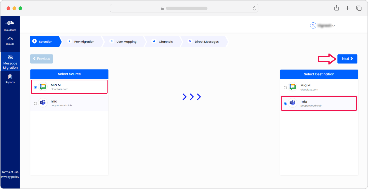 Select the Source and Destination Cloud