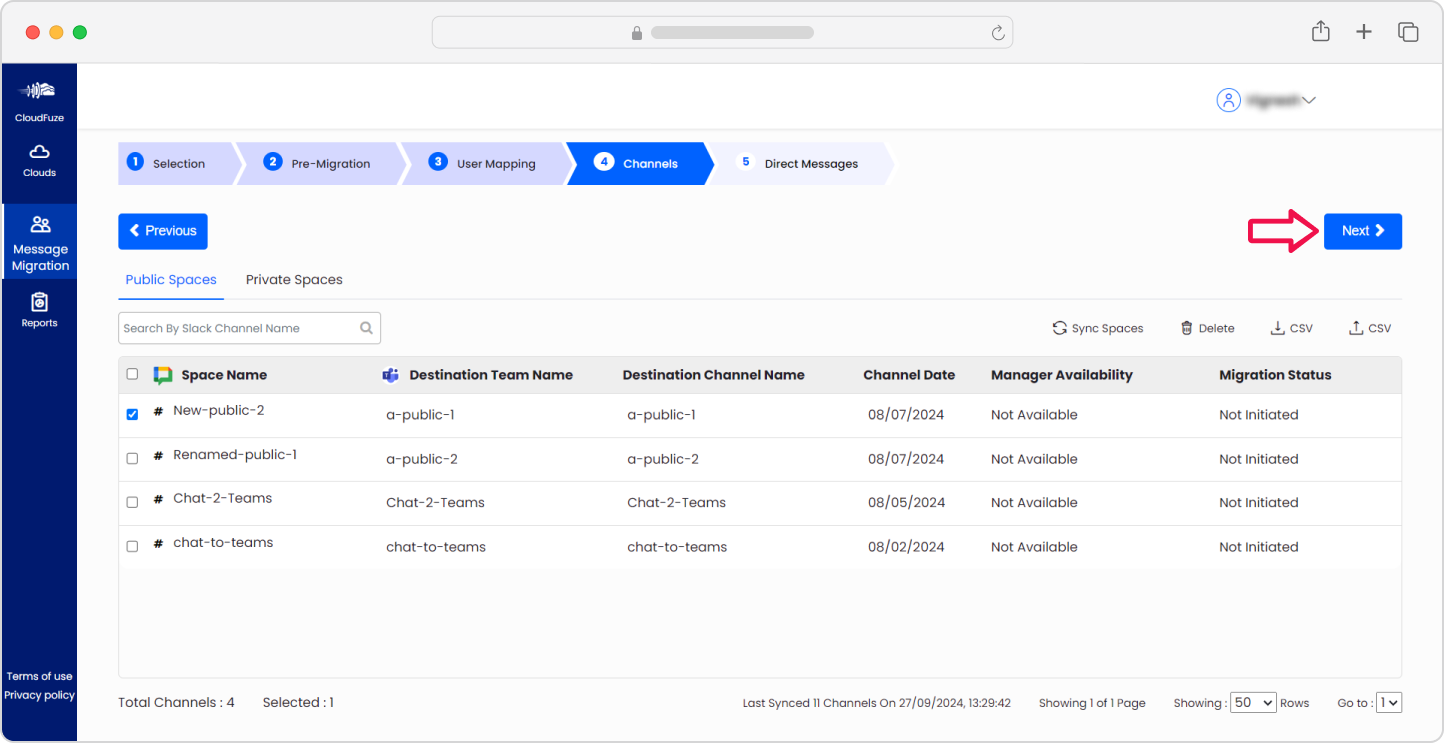 Select the Spaces to Migrate