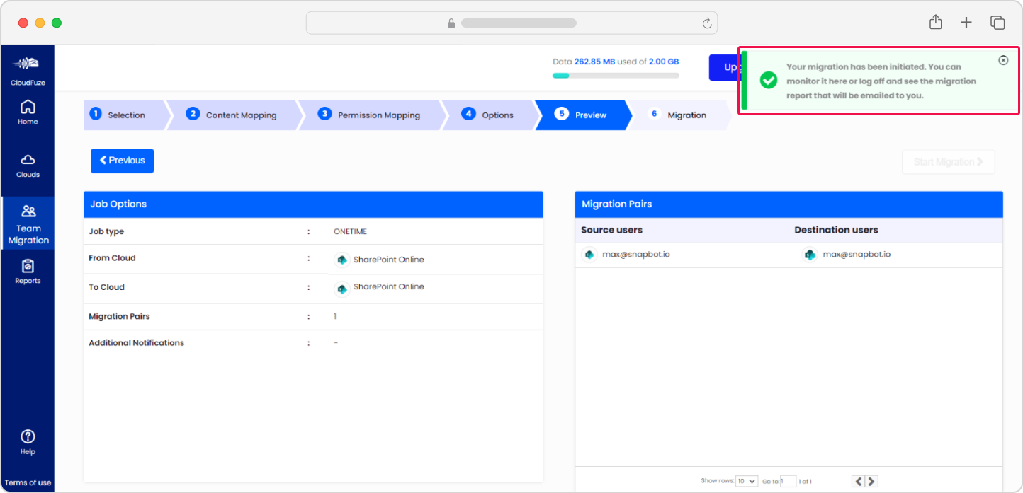 SharePoint to SharePoint migration initiation