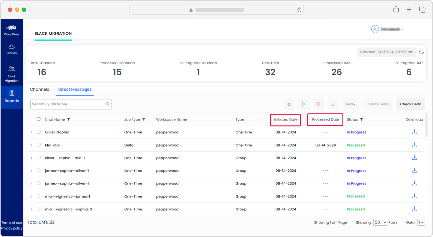 Start and end dates of Slack direct messages migration to Teams