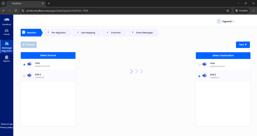 Source and destination Teams cloud configuration 