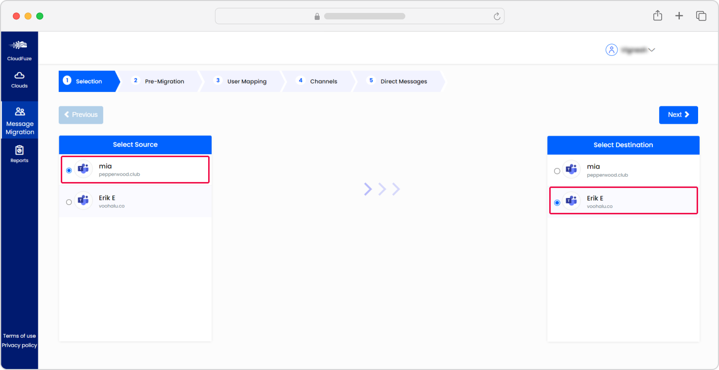 Source and destination Teams cloud configuration