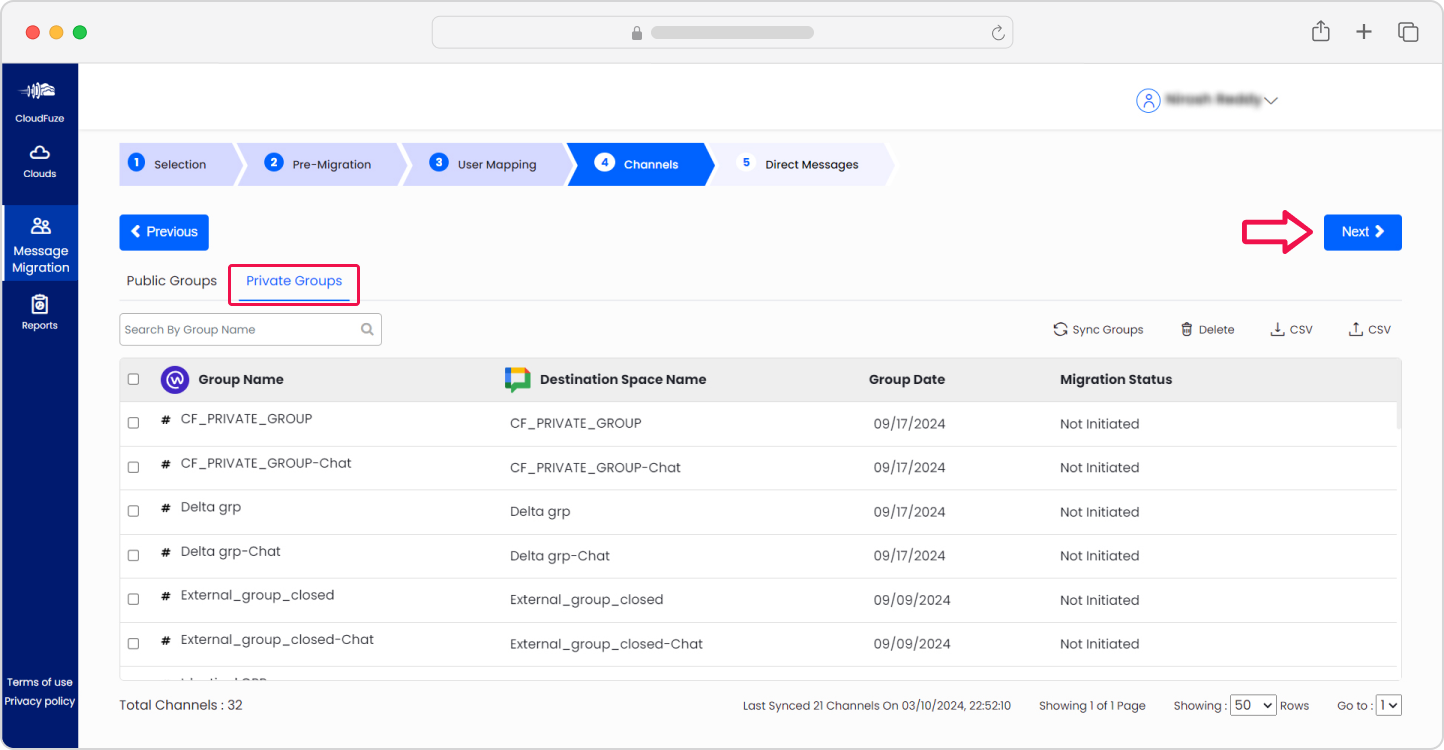 Selecting Private Meta Workplace groups to migrate