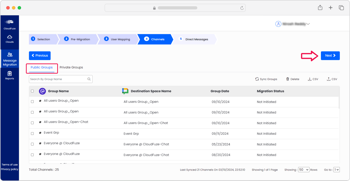 Selecting Public Meta Workplace groups to migrate