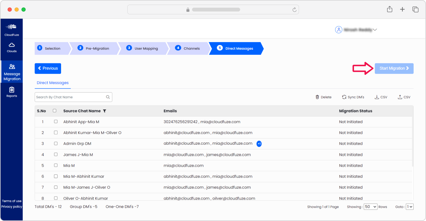 Selecting direct messages to migrate from Meta Workplace to Google Chat