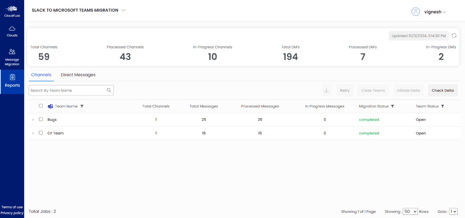 Slack channels to existing teams migration reports