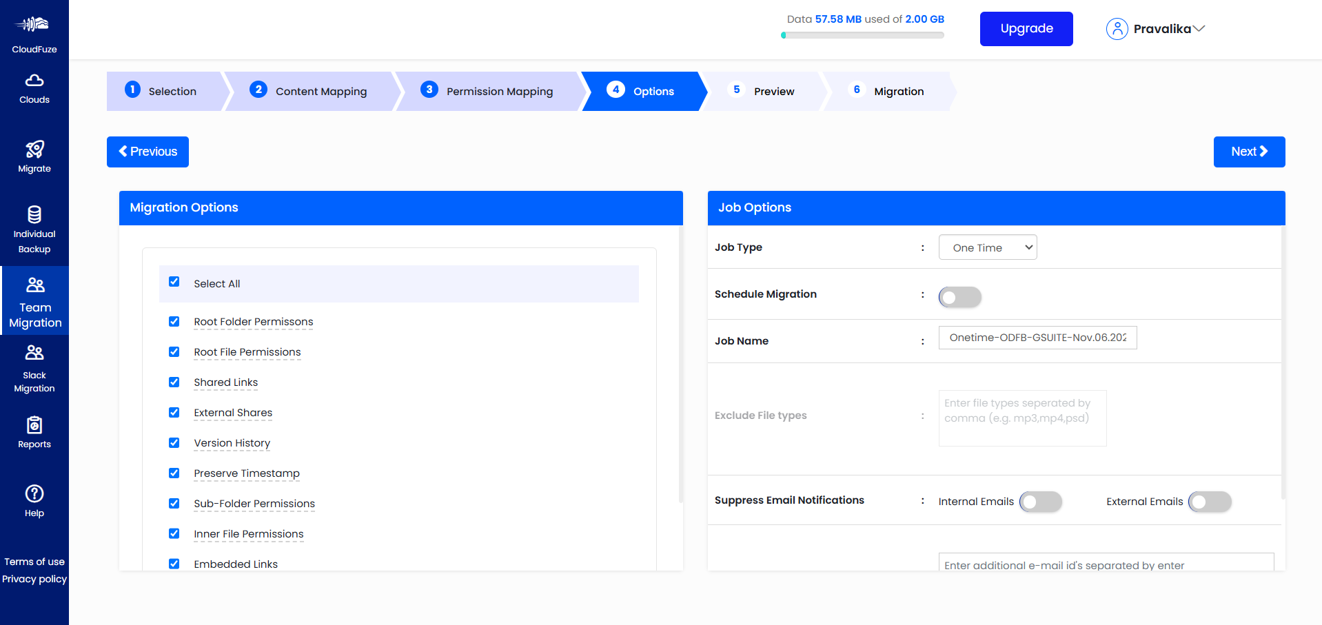 Migration options in CloudFuze webapp