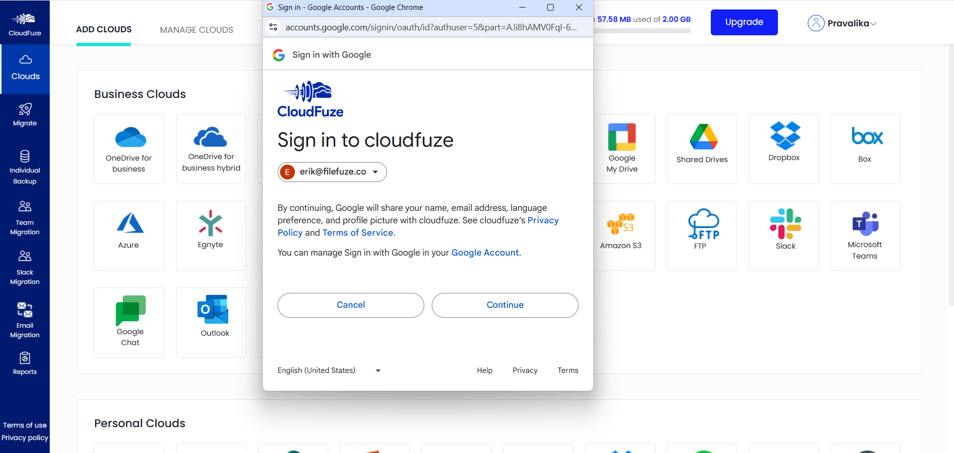 Adding the Google Drive cloud to CloudFuze