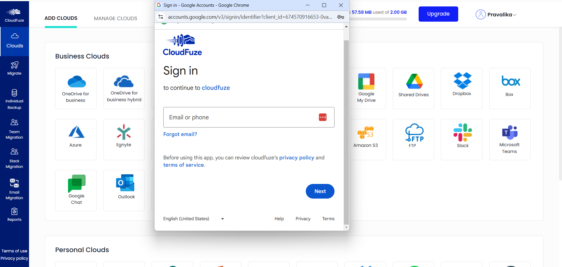 Adding the Google Drive cloud to CloudFuze