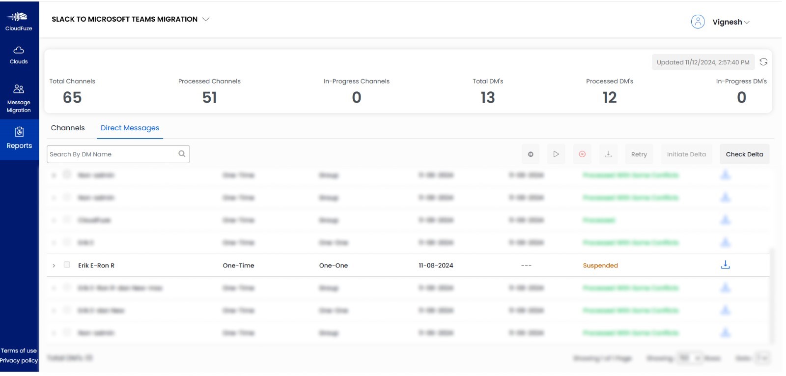 Suspended migration report status