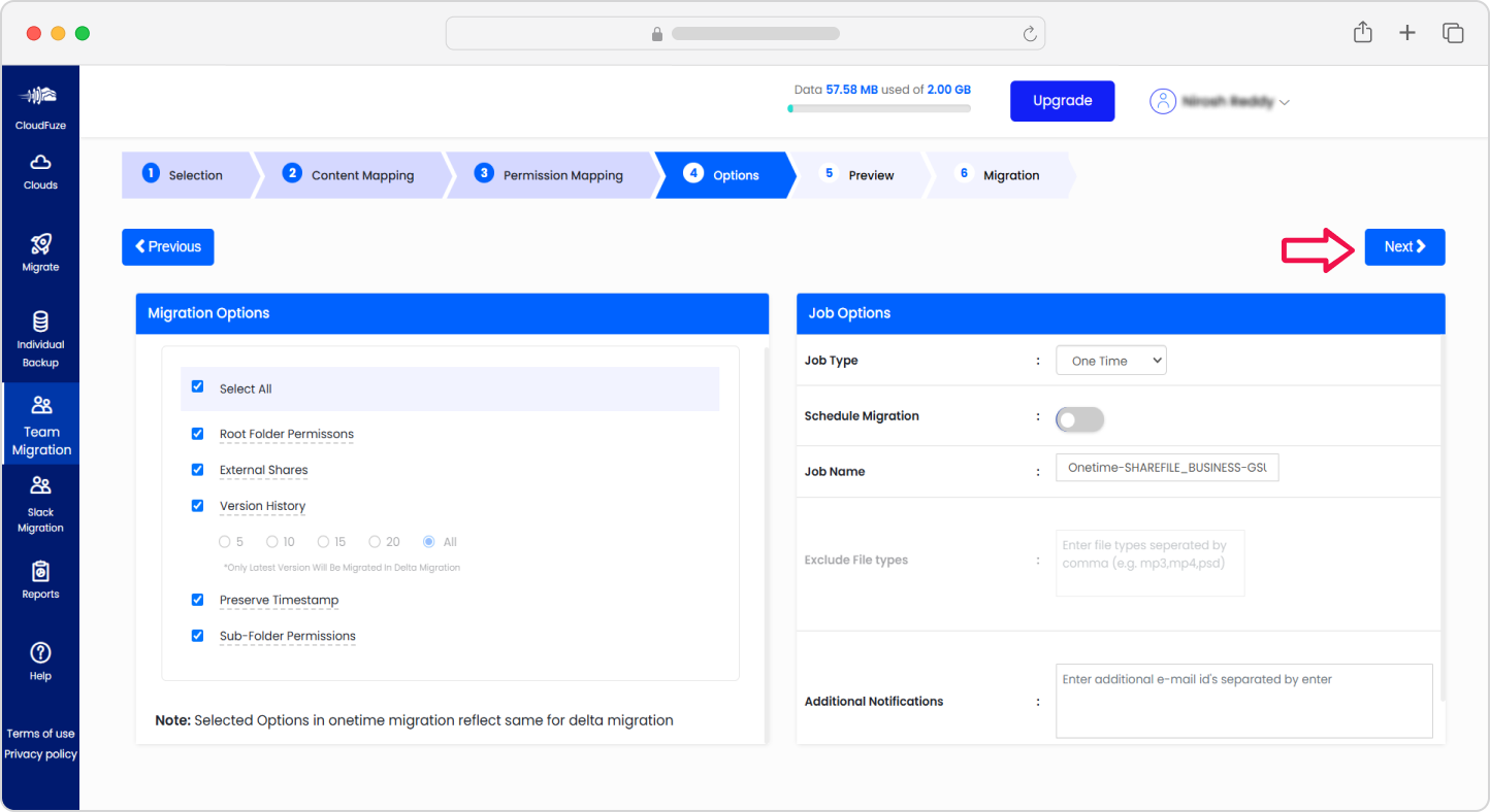 Selecting migration options