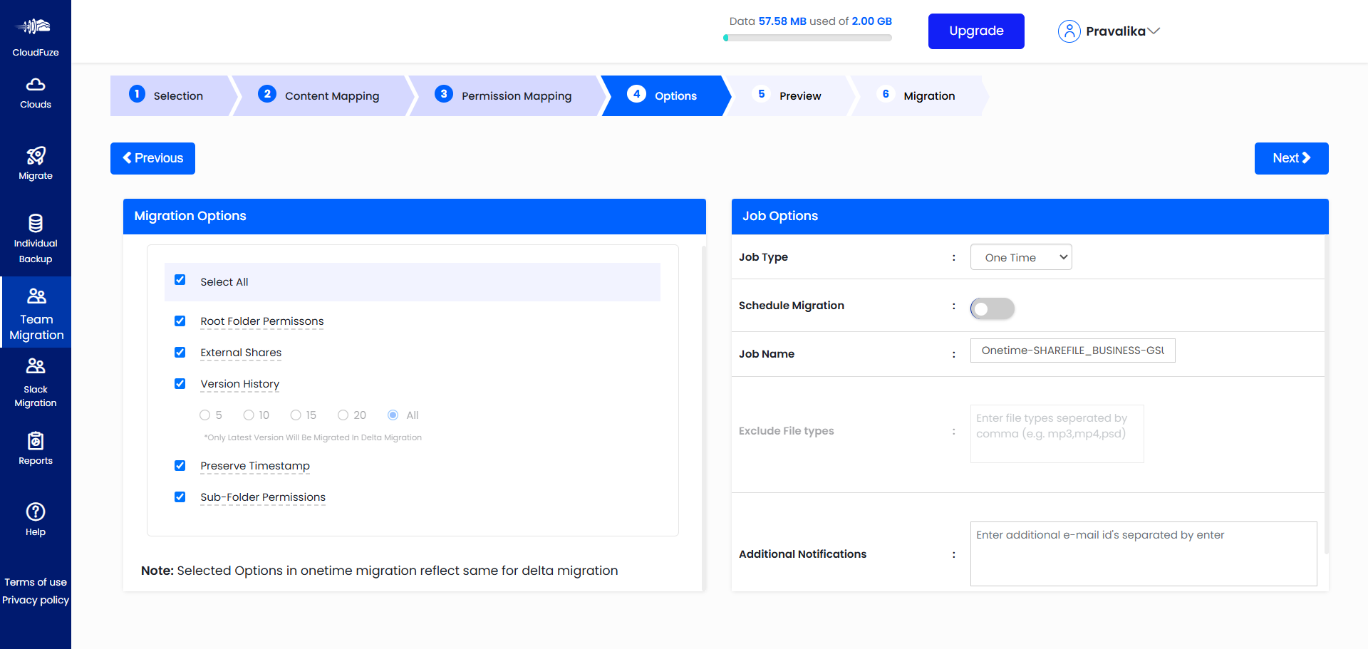 Selecting migration options