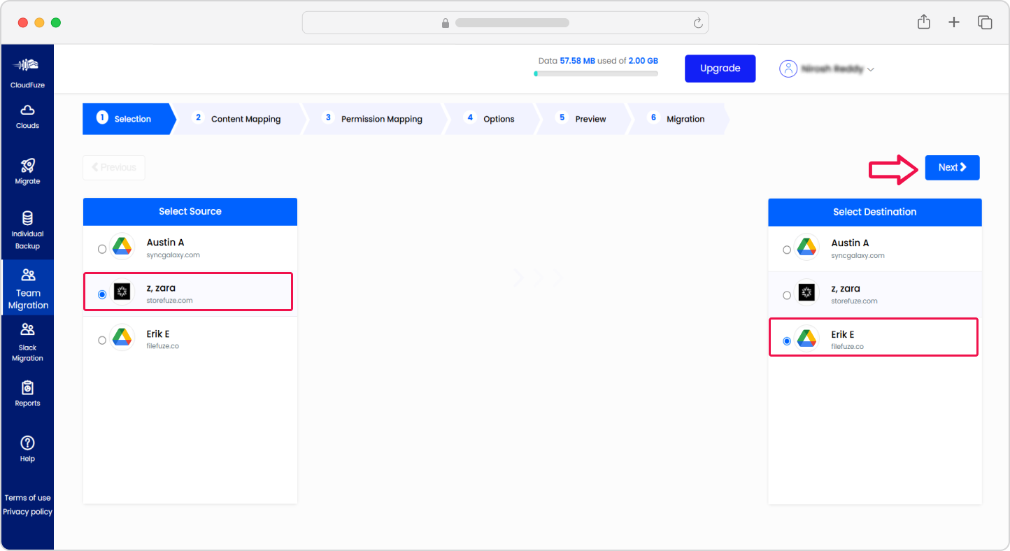 Source and destination clouds configuration