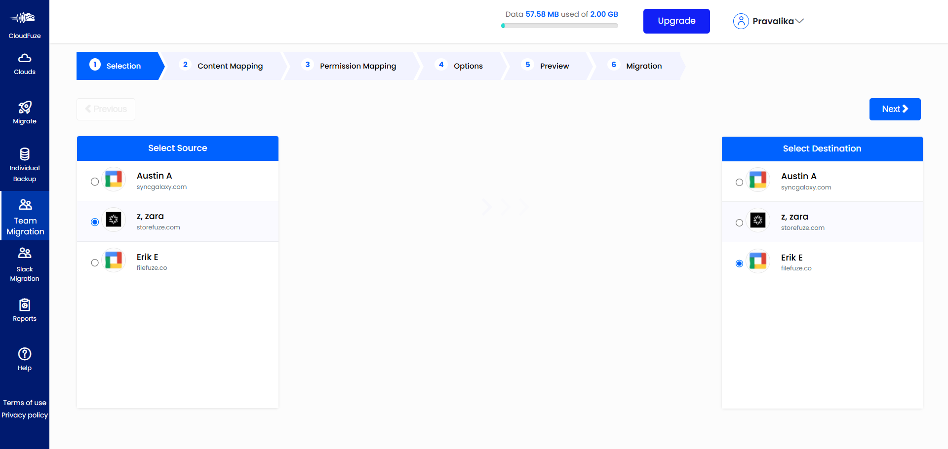 Source and destination clouds configuration