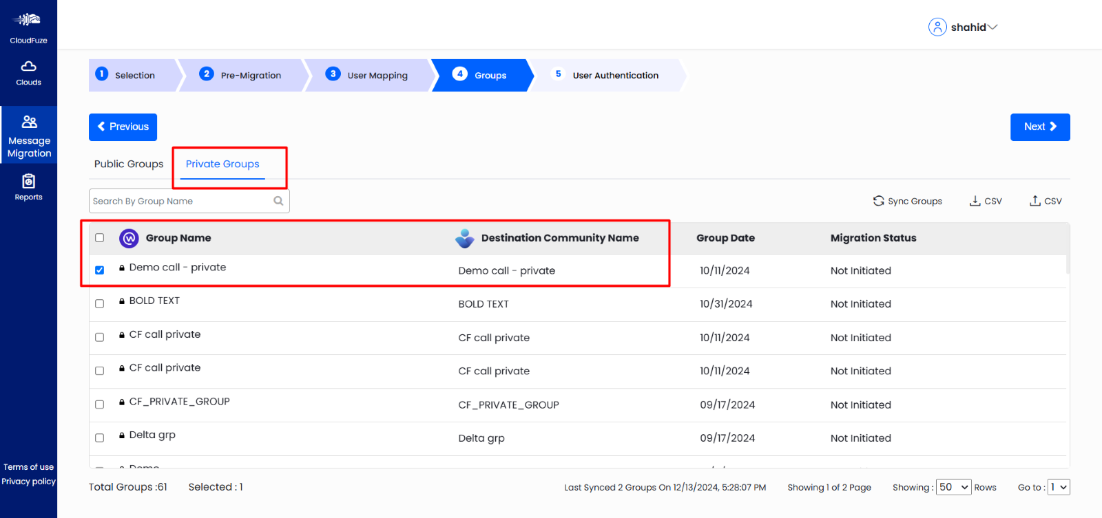 Selecting Meta Workplace private groups to migrate